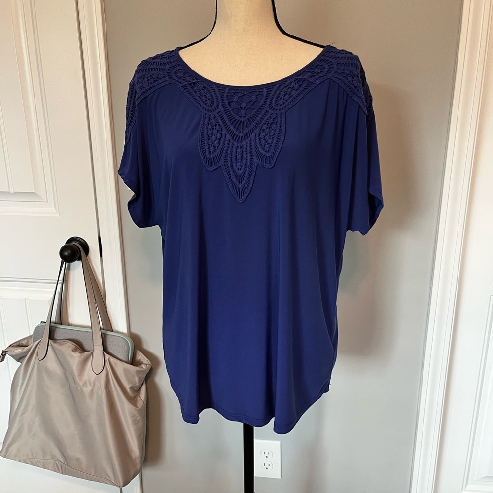 Roz & Ali Blue Lace Accent Blouse